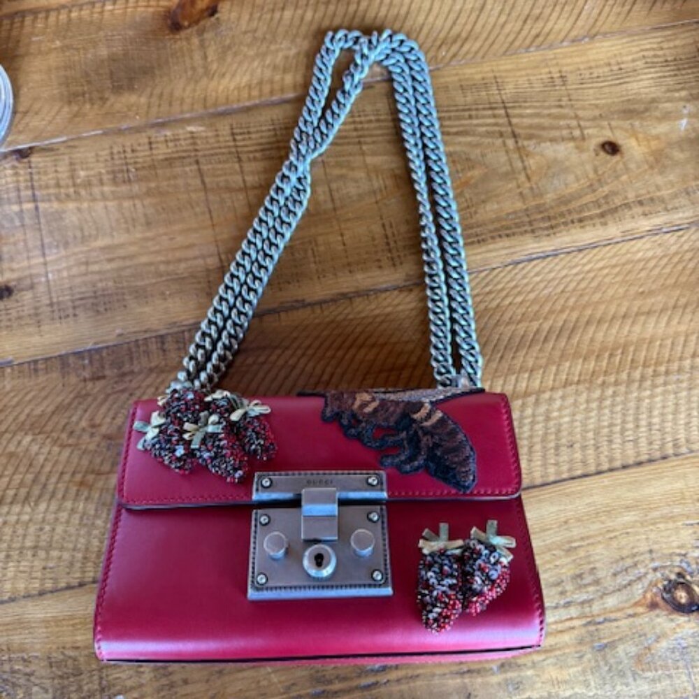 Limited Edition Gucci Padlock Bee Embroidered Bag Red